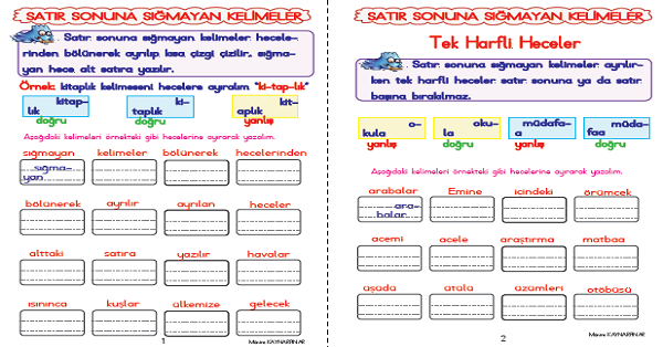 2. Sınıf Türkçe Satır Sonuna Sığmayan Kelimeler ( 4 Sayfa )