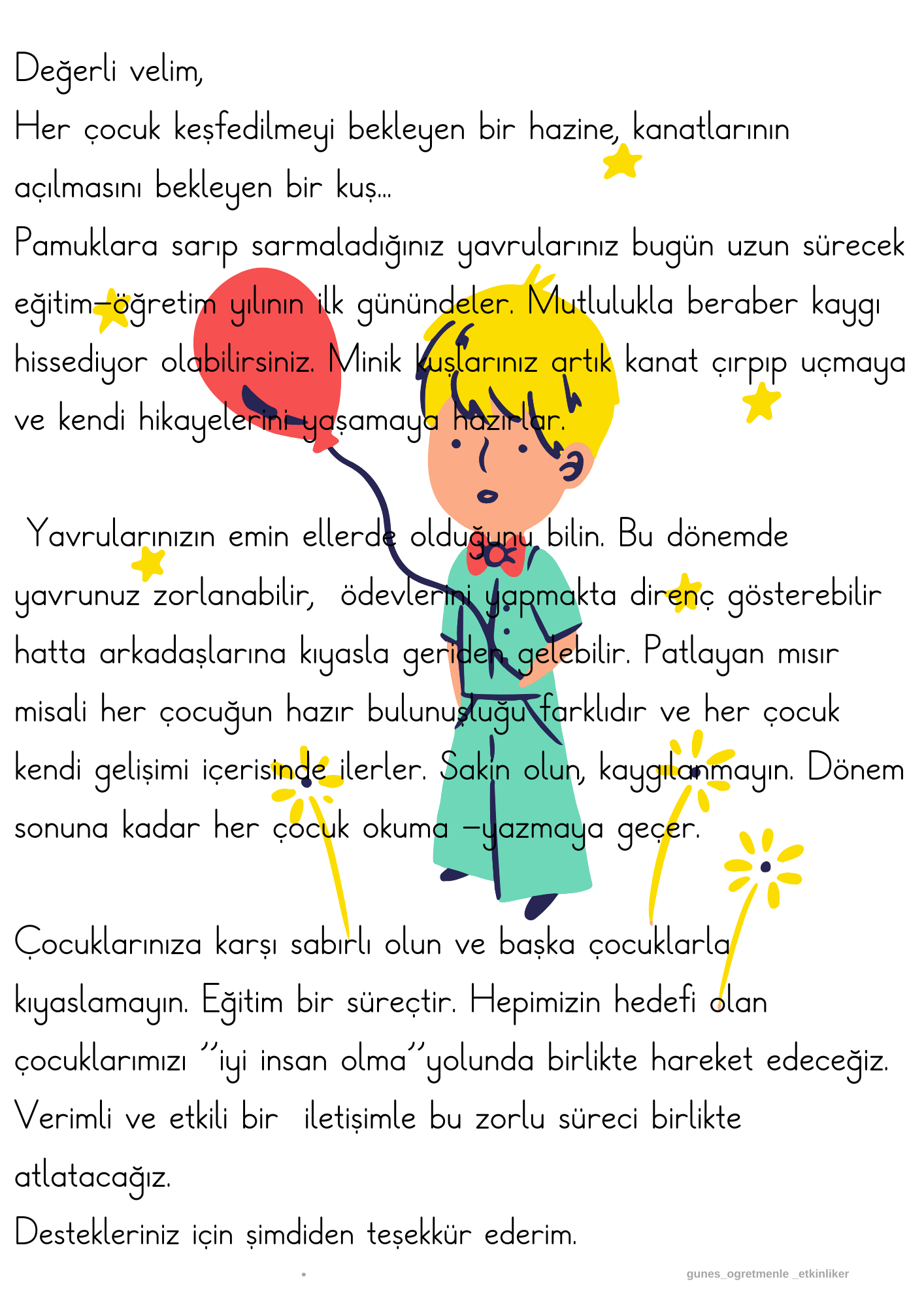 1.Sınıf  Veliye  Mektup