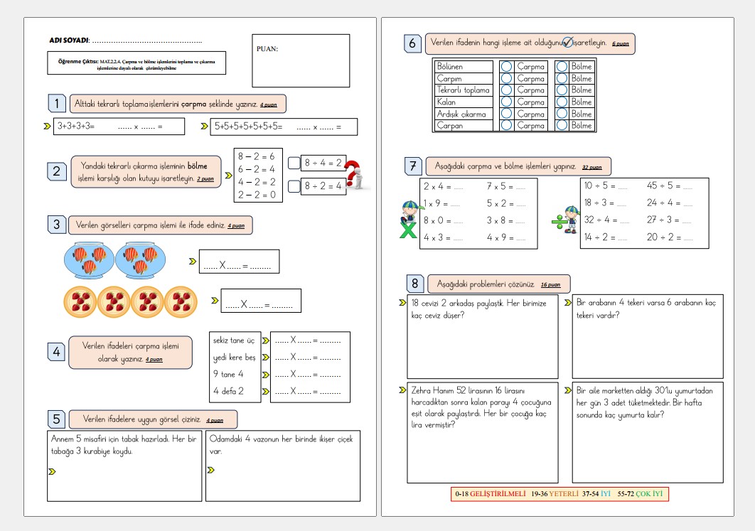 2. Sınıf Matematik Çarpma-Bölme Süreç Değerlendirme Etkinliği
