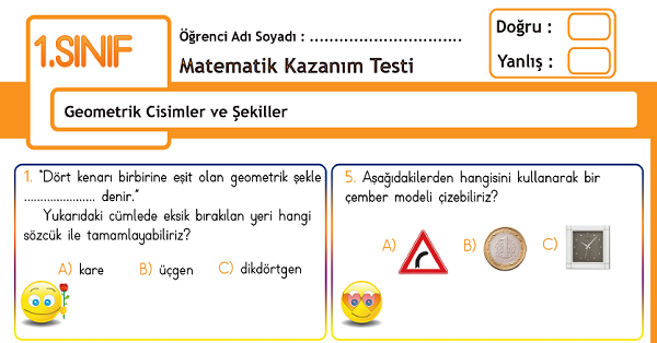 1.Sınıf Matematik Geometrik Cisimler ve Şekiller Kazanım Testi