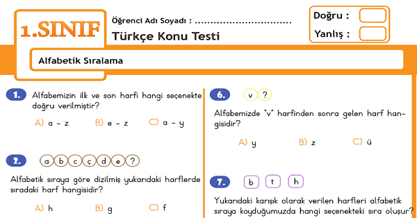 1.Sınıf Türkçe Alfabetik Sıralama Konu Tarama Testi