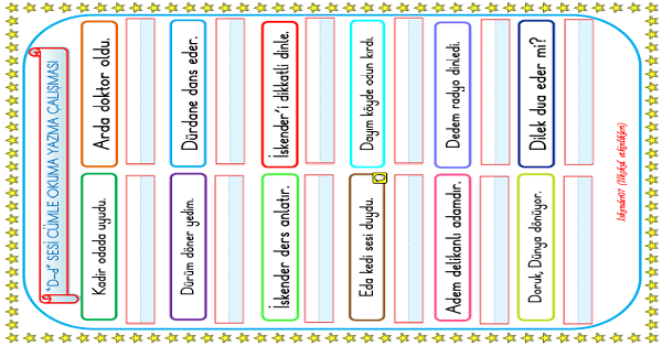 1. Sınıf İlk Okuma Yazma D-d Sesi Cümle Okuma Yazma Çalışması