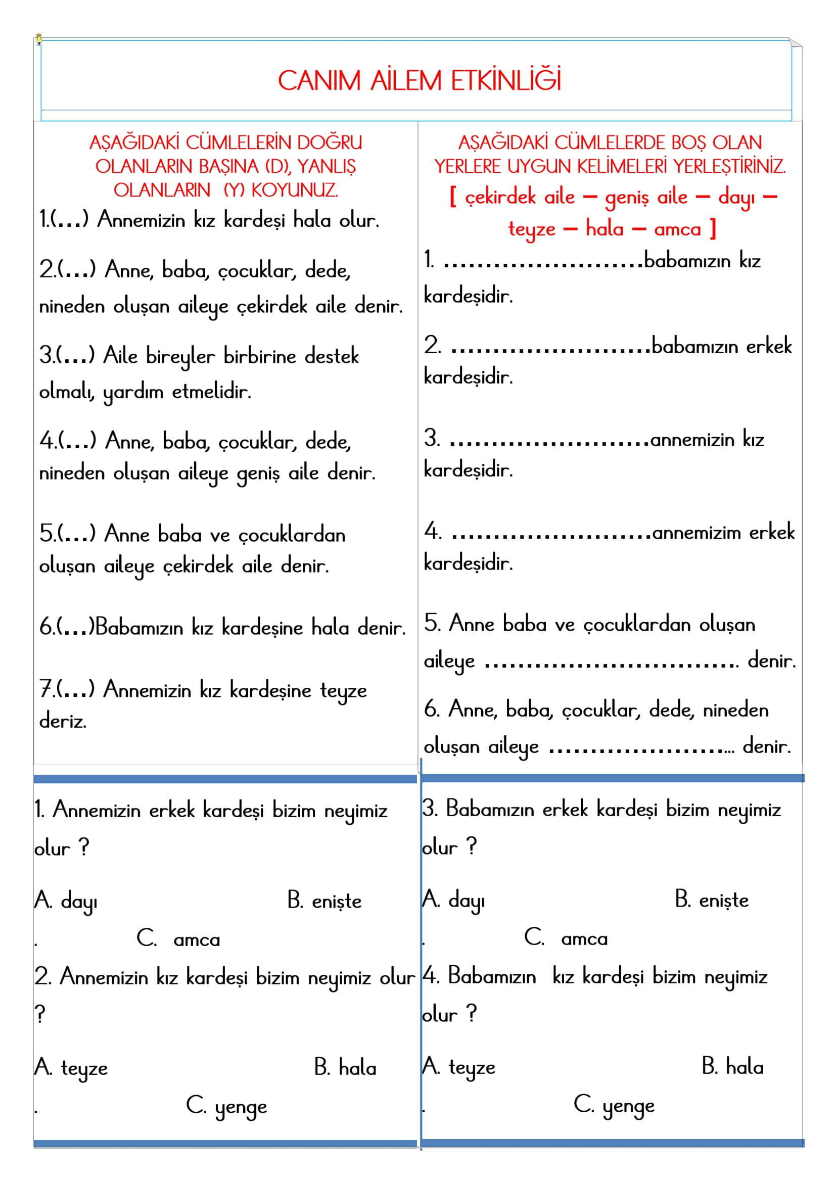 2.Sınıf - Hayat Bilgisi Canım Ailem Etkinliği