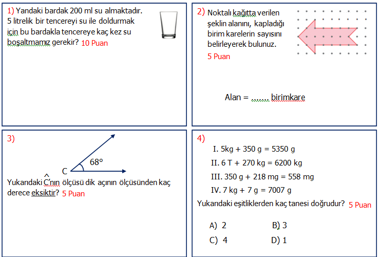 4.Sınıf Matematik 2.Dönem 2 Sınav Seviye 1