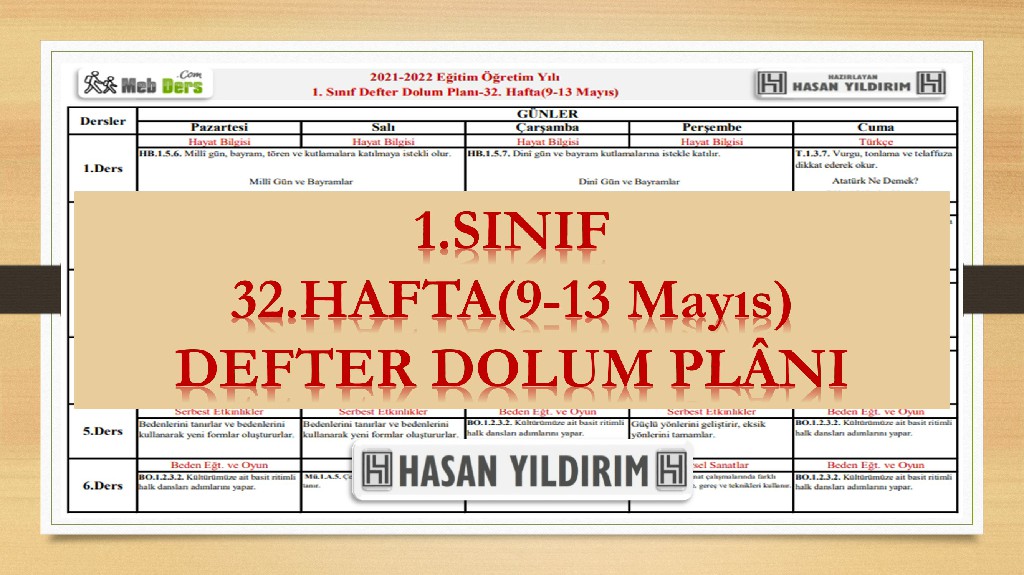 1.Sınıf 32.Hafta(9-13 Mayıs) Defter Dolum Planı