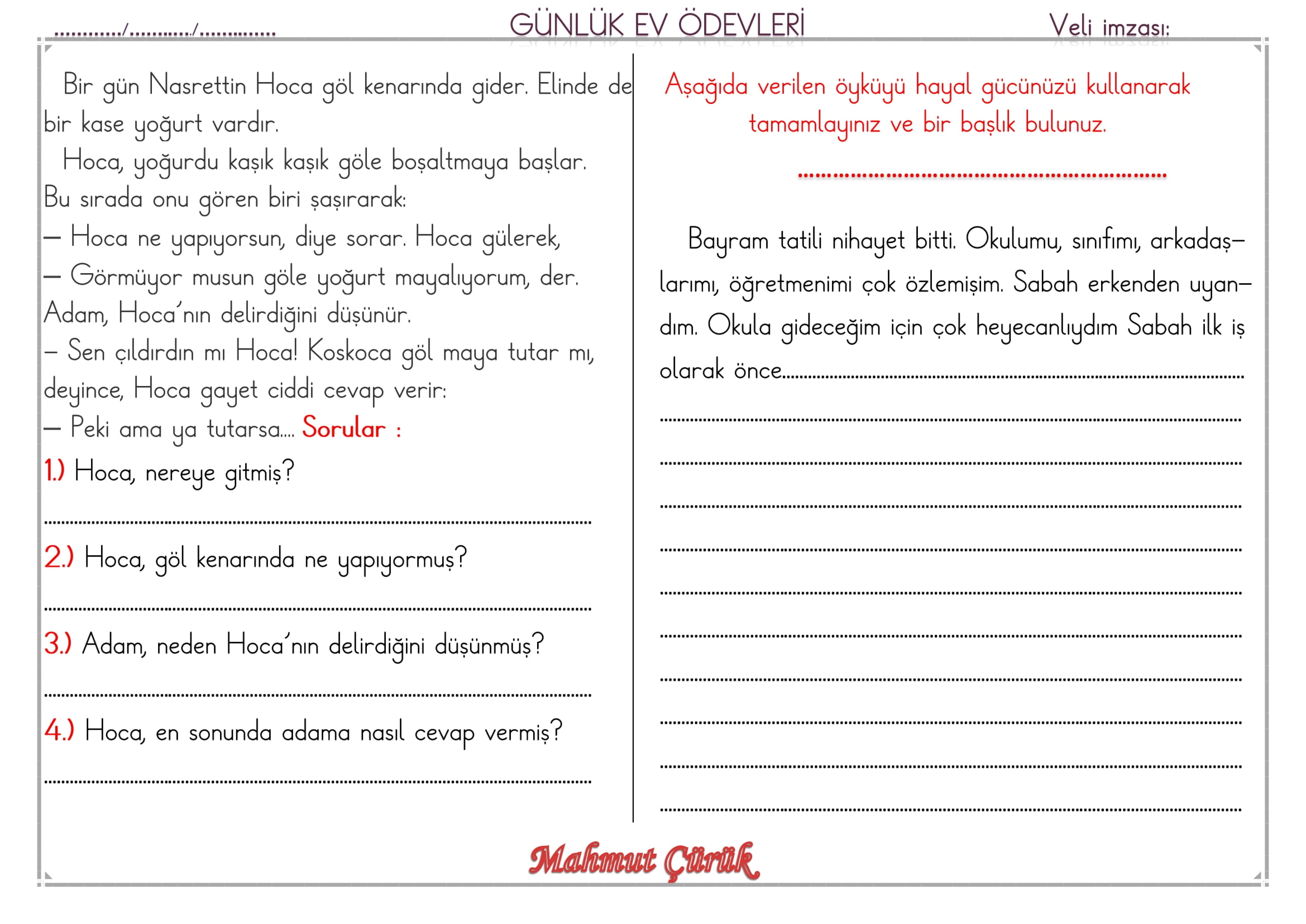 1.Sınıf 26 Mayıs 2025 Günlük Ev Ödevi