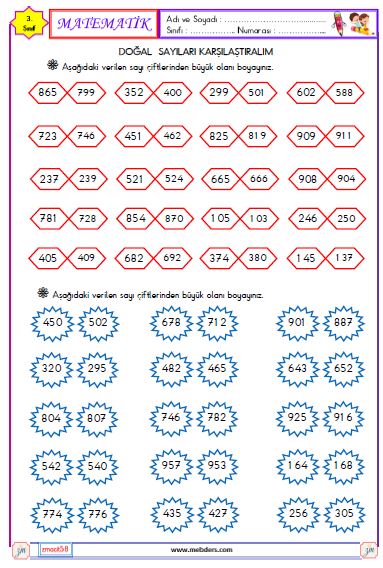 3. Sınıf Matematik Doğal Sayıları Karşılaştırma ve Sıralama Etkinliği 1