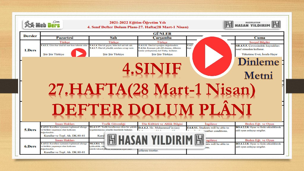 4.Sınıf 27.Hafta(28 Mart-1 Nisan) Defter Dolum Planı