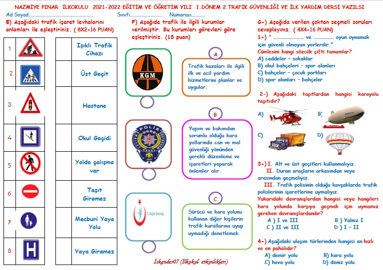 4.Sınıf Trafik Güvenliği  Dersi  1.Dönem  2.Yazılısı