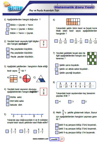 3. Sınıf Matematik  Pay ve Payda Arasındaki İlişki  Testi