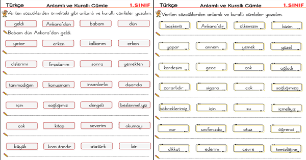 1. Sınıf Türkçe Anlamlı ve Kurallı Cümle Çalışma Etkinlikleri