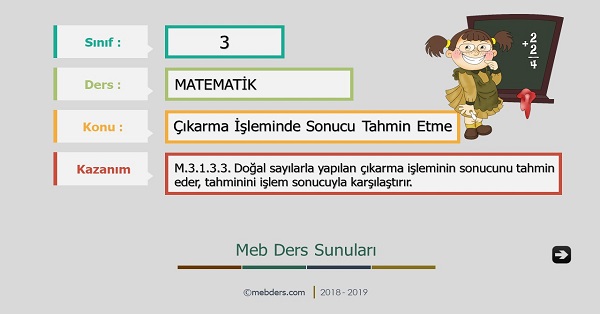 3.Sınıf Matematik Çıkarma İşleminde Sonucu Tahmin Etme Sunusu