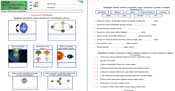 4.Sınıf Fen Bilimleri Dünya'mızın Hareketleri Etkinliği 1