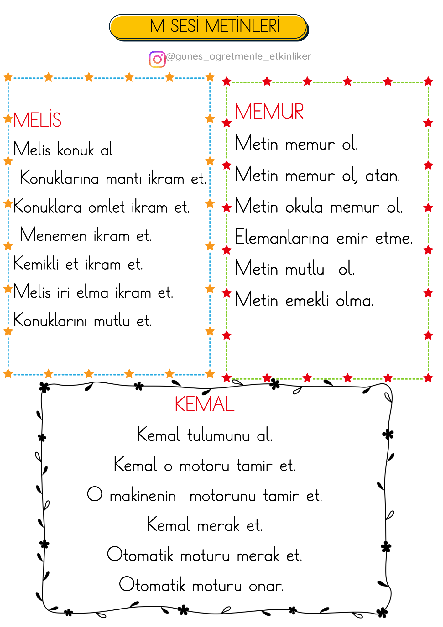 1.Sınıf M Sesi Metinleri