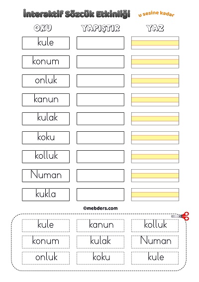 İnteraktif Sözcük Etkinliği - U Sesine Kadar