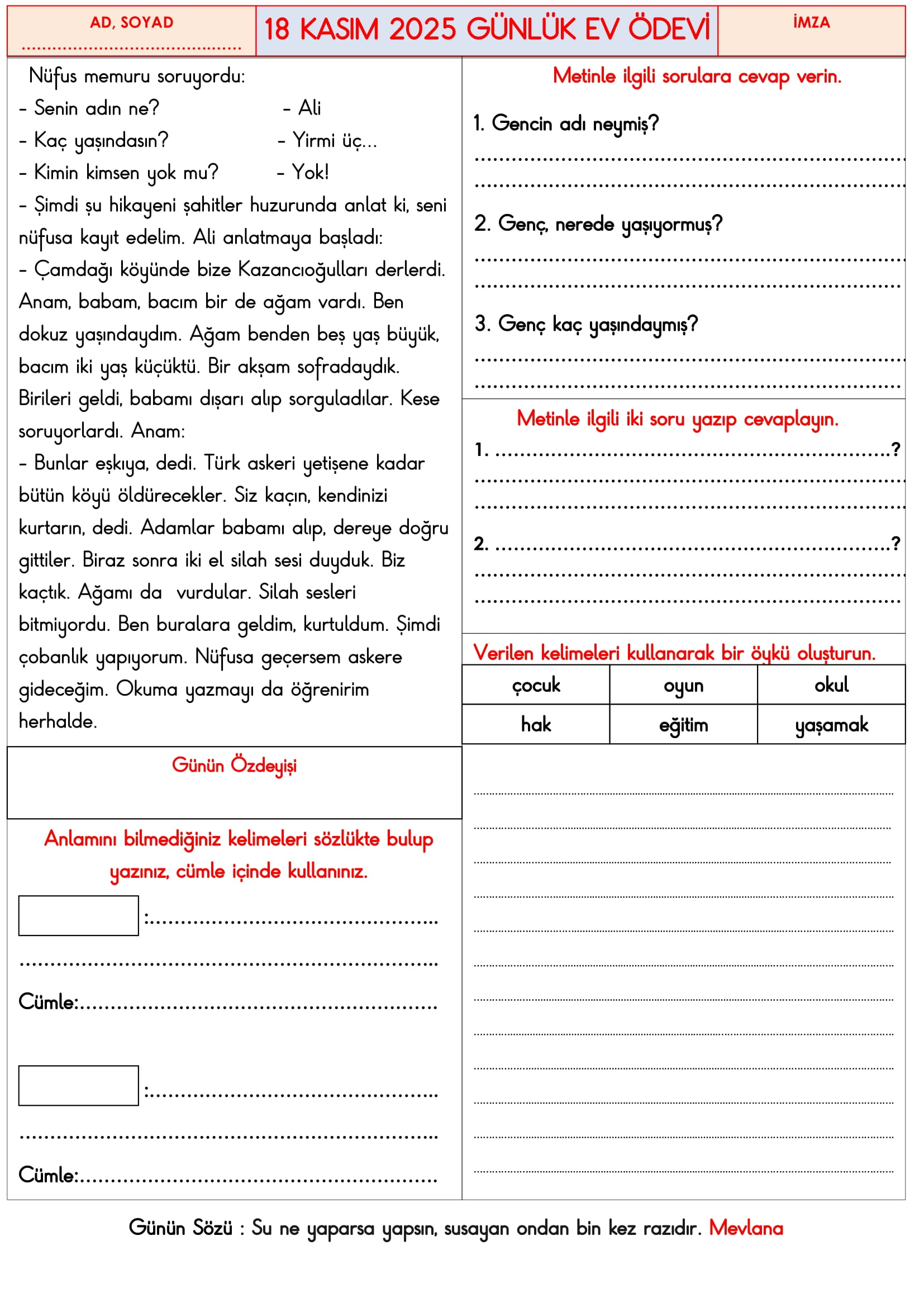 3.Sınıf - 18 Kasım 2025 Günlük Ev Ödevleri