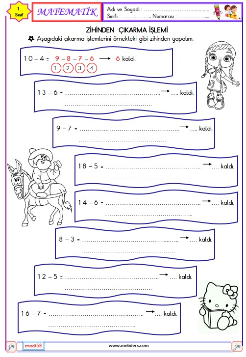 1. Sınıf Matematik Zihinden Çıkarma İşlemi Etkinliği 16