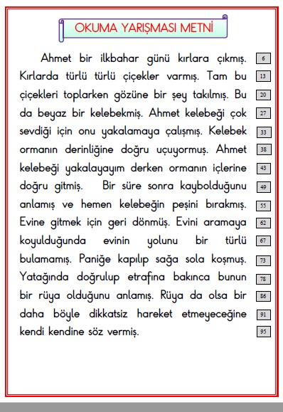 1.Sınıf Türkçe Okuma Yarışması Metni  (Kelimel Sayılı)