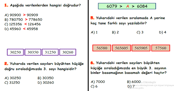 4.Snıf Matematik Doğal Sayılarda Sıralama Yaprak Test