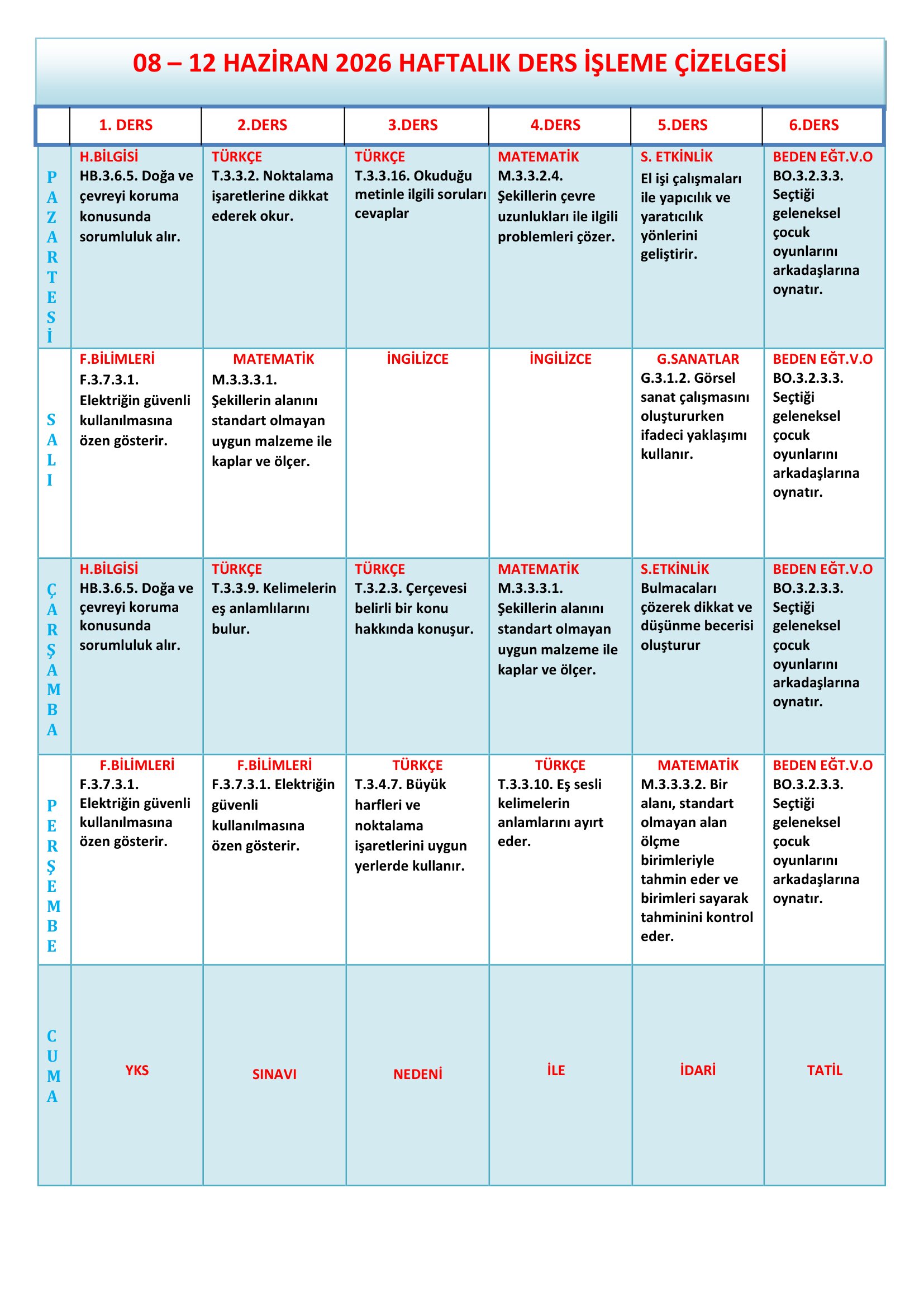 3.Sınıf 08 - 12 Haziran 2026 Haftalık Ders İşleme Çizelgesi.doc