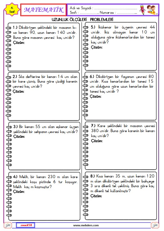 4. Sınıf Matematik Çevre ile İlgili Problemler Etkinliği 1