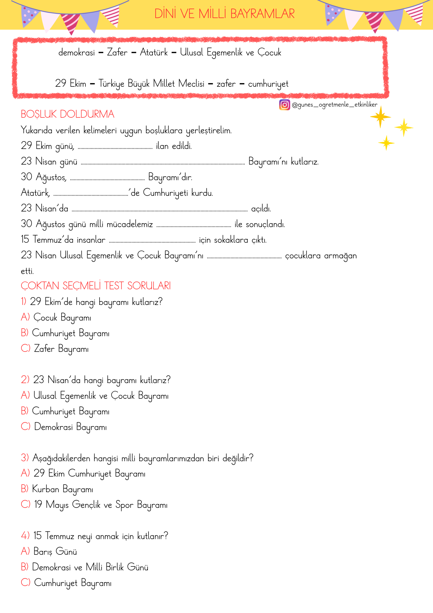 1.Sınıf Hayat Bilgisi Dini ve Milli Bayramlar Değerlendirme