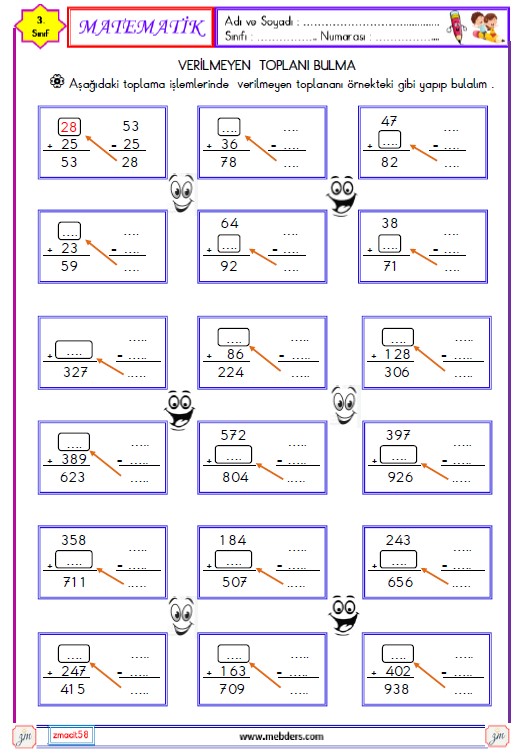3. Sınıf Matematik Verilmeyen Toplananı Bulma Etkinliği 1