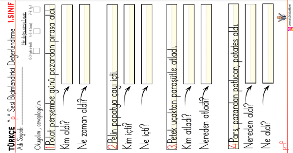 1. Sınıf İlk Okuma Yazma P Sesi 5N 1K Etkinliği