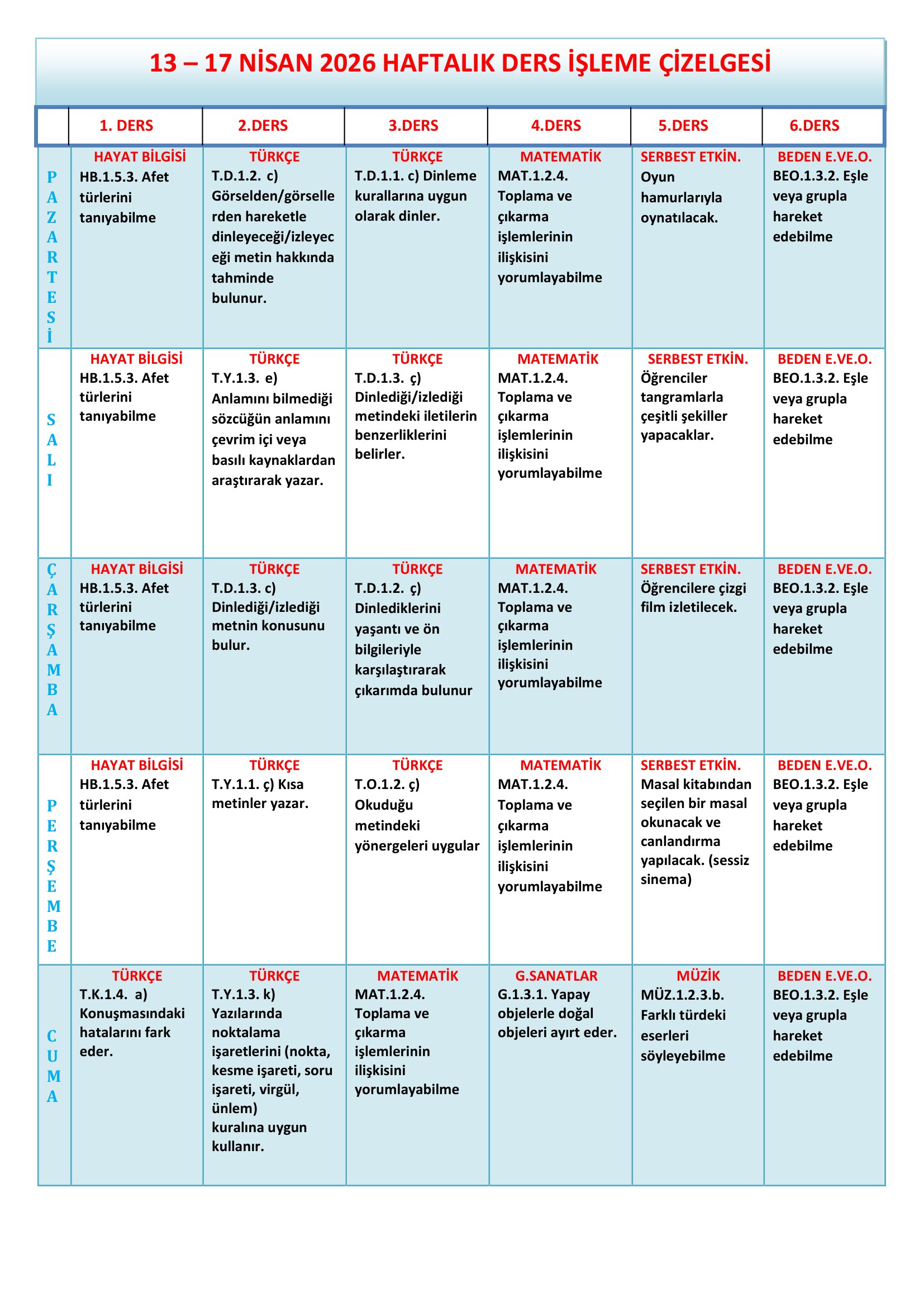 1.Sınıf 13 - 17 Nisan 2026 Haftalık Ders İşleme Çizelgesi.doc