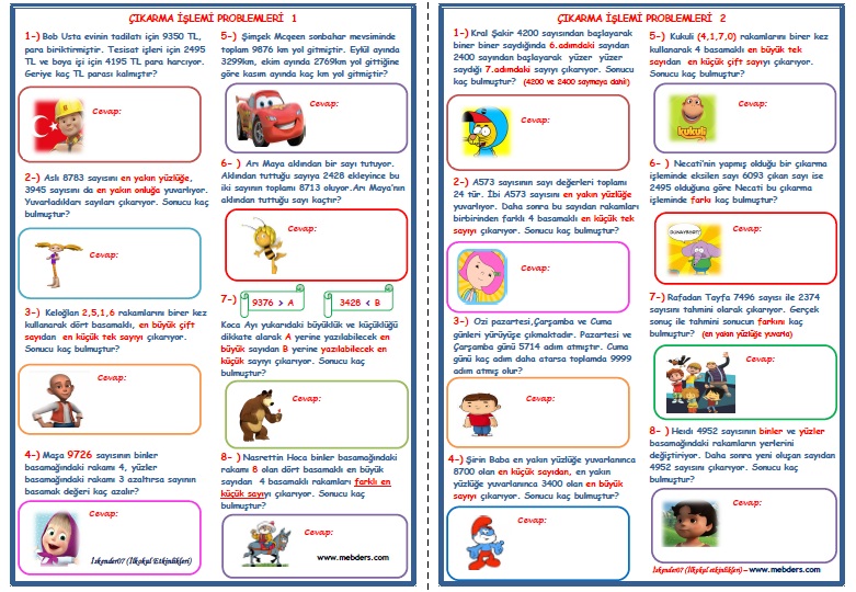 4.Sınıf Matematik Çıkarma İşlemi Problemleri   (4 SAYFA - 32 SORU)