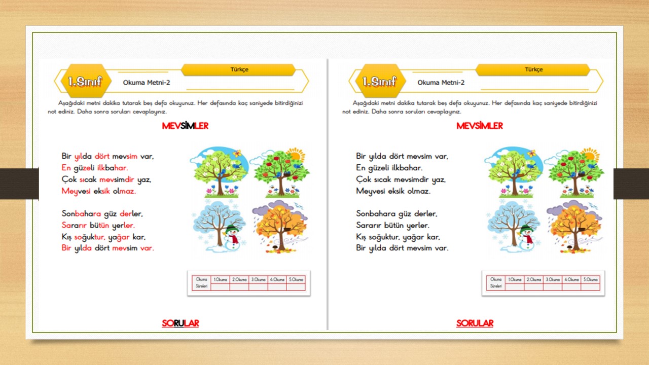 1.Sınıf Türkçe Okuma Metni-2 (Mevsimler)