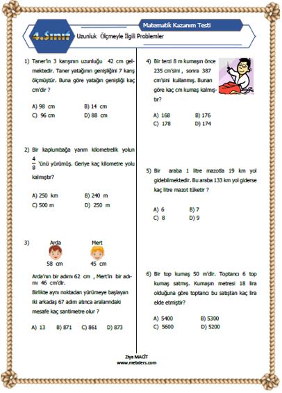 4. Sınıf Matematik Uzunluk Ölçmeyle İlgili Problemler Kazanım Testi