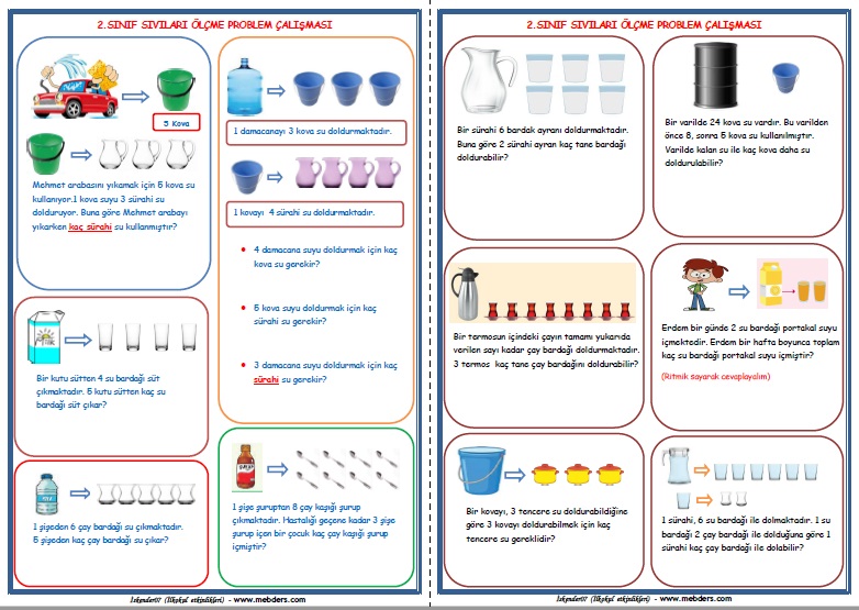 2.Sınıf Matematik  Sıvı Ölçüleri Problemleri (4 Sayfa)