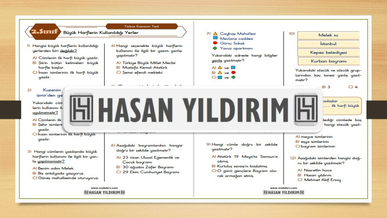 2.Sınıf Türkçe Büyük harflerin Kullanıldığı Yerler Testi