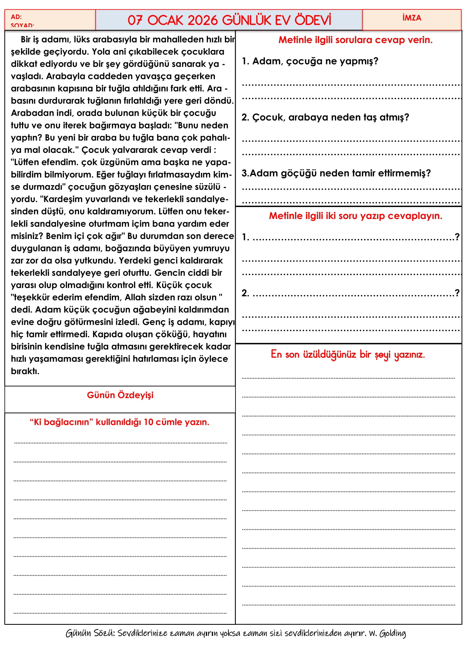 4.Sınıf - 07 Ocak 2026 Günlük Ev Ödevleri