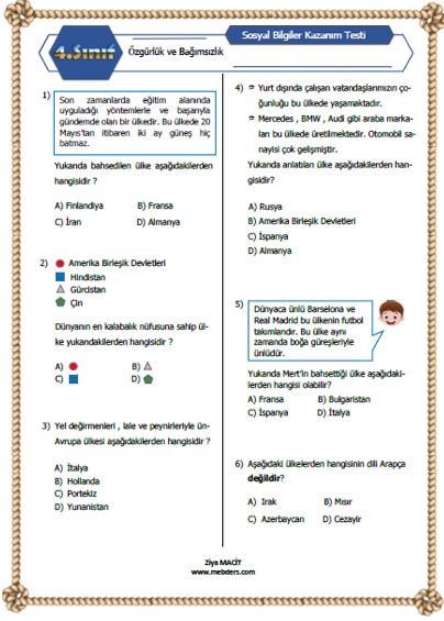 4. Sınıf Sosyal Bilgiler Ülkeleri Tanıyalım Kazanım Testi