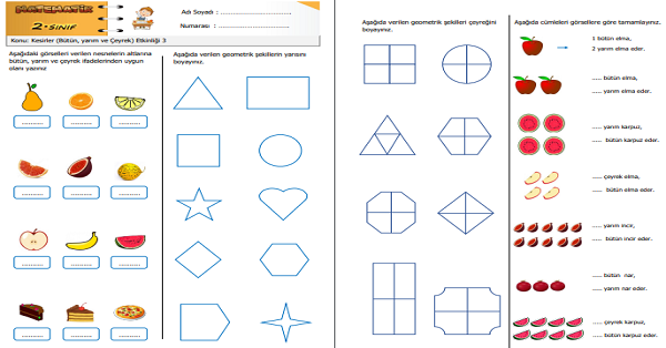 2.Sınıf Matematik Kesirler (Bütün, Yarım ve Çeyrek) Etkinliği 3