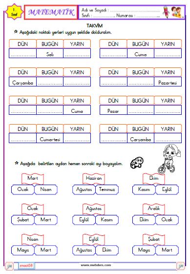 1. Sınıf Matematik Takvim Etkinliği 3