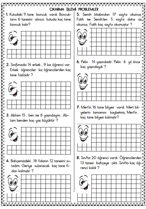 1. Sınıf Matematik Çıkarma İşlemi Problemleri Etkinliği 8