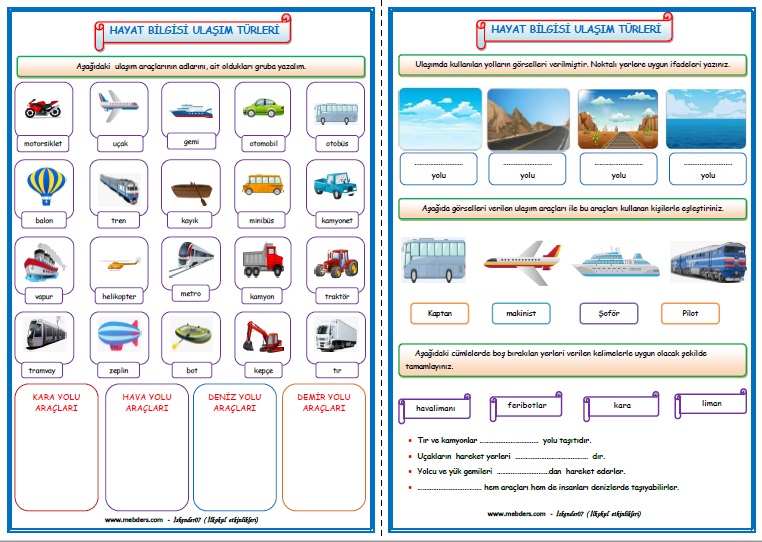 2.Sınıf Hayat Bilgisi Ulaşım Türleri Etkinlik Çalışması