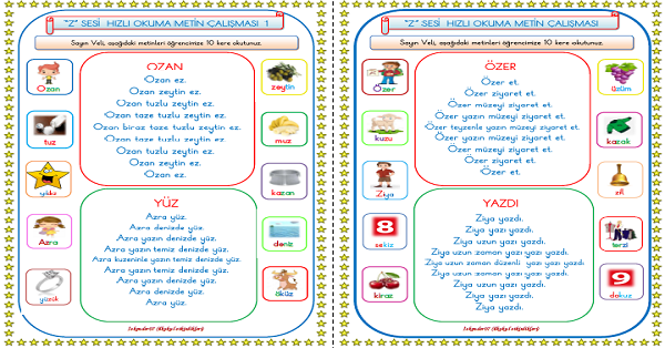 1. Sınıf İlk Okuma Yazma Z Sesi Hızlı Okuma Çalışması