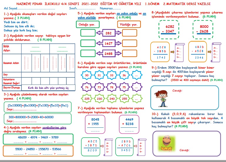 4.Sınıf  Matematik  Dersi  1.Dönem  2.Yazılısı