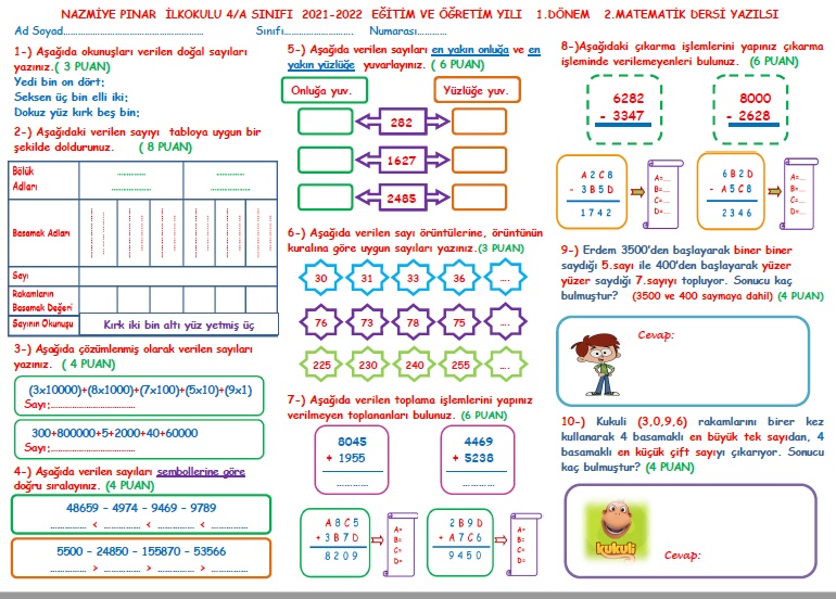 4.Sınıf  Matematik  Dersi  1.Dönem  2.Yazılısı