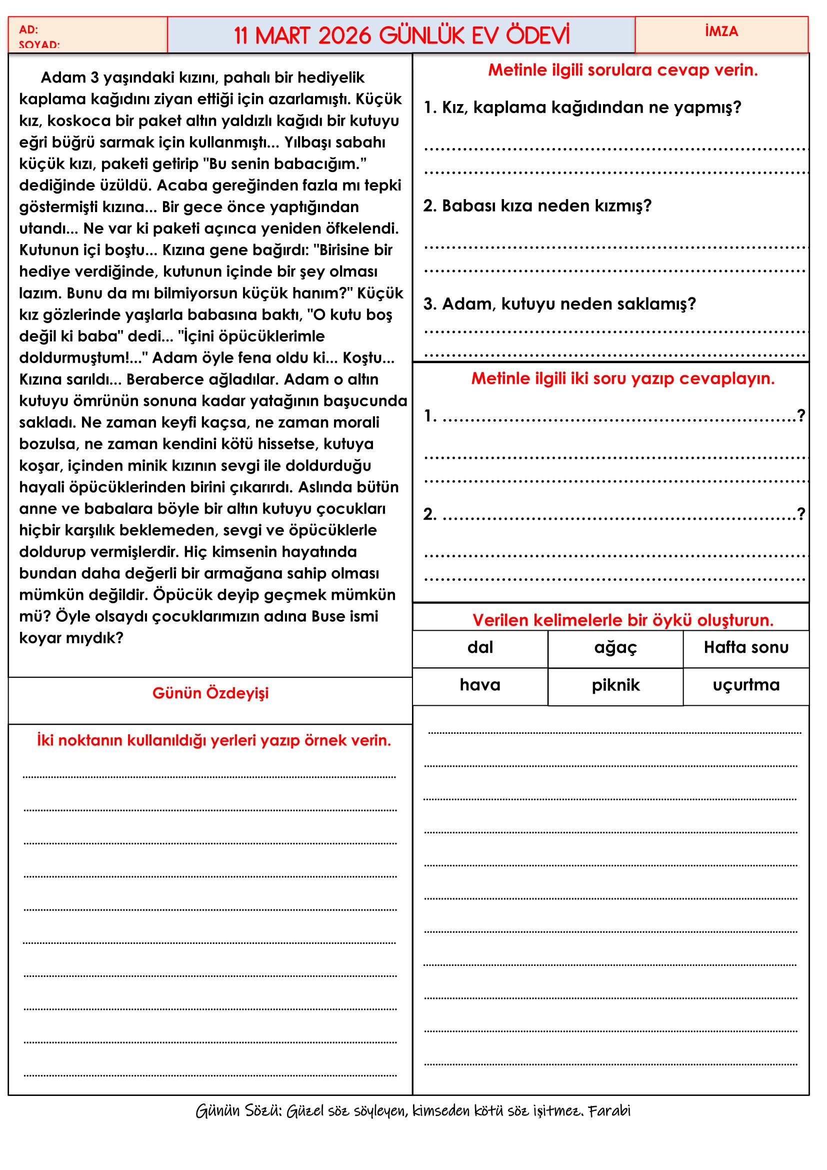 4.Sınıf - 11 Mart 2026 Günlük Ev Ödevleri