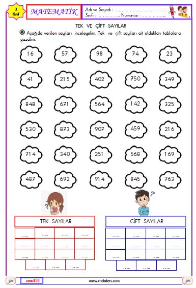 3. Sınıf Matematik Tek ve Çift Sayılar Etkinliği 2
