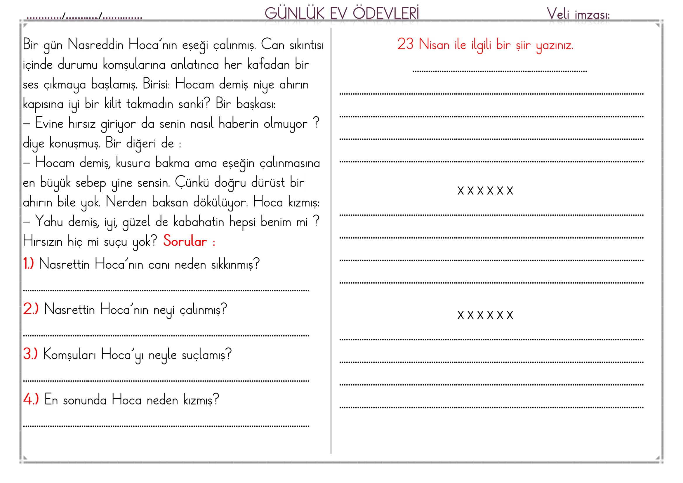 1.Sınıf - 22 Nisan 2026 Günlük Ev Ödevleri