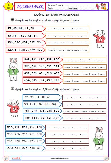 3. Sınıf Matematik Doğal Sayıları Karşılaştırma ve Sıralama Etkinliği 3