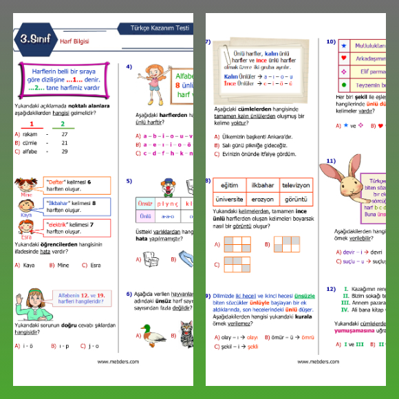 3. Sınıf Türkçe Harf Bilgisi Kazanım Testi
