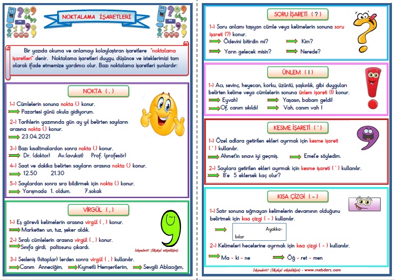 1.Sınıf Türkçe Noktalama İşaretleri Konu Anlatımı ve Etkinlik Çalışması  (4 Sayfa)