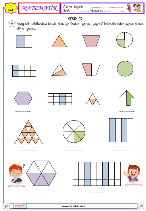 3. Sınıf Matematik Bütün , Yarım ve Çeyrek  Etkinliği 1